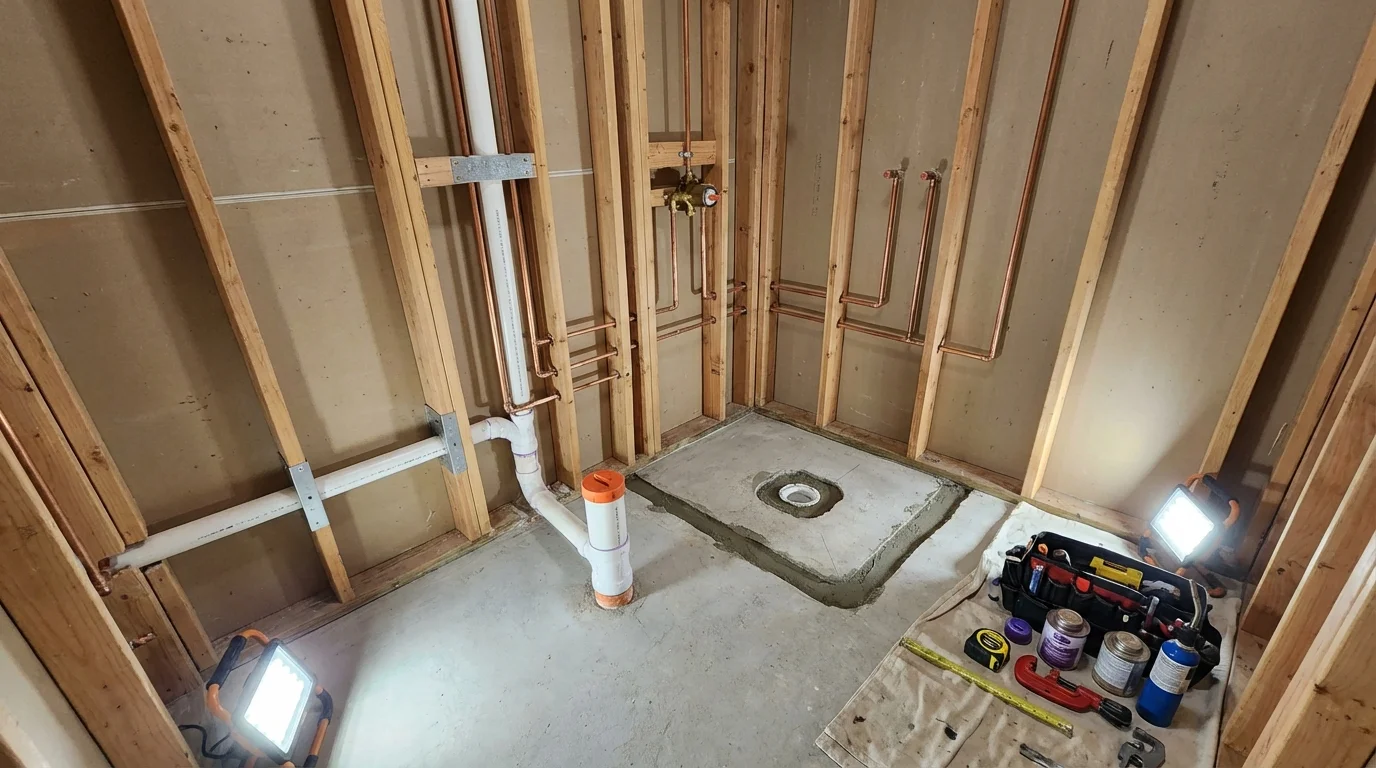 Bathroom rough-in plumbing during remodel by Johns Plumbing LLC in The Colony