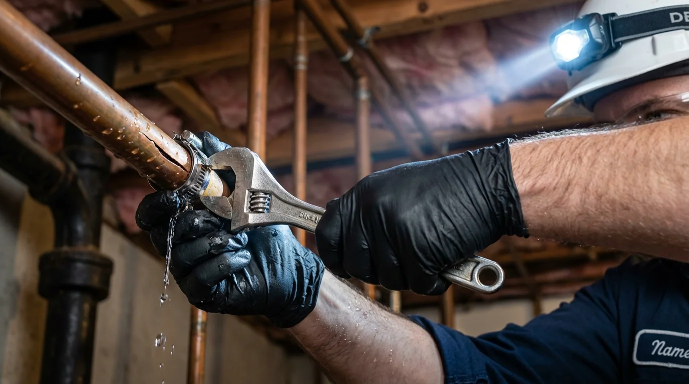 Emergency pipe clamp repair being performed by a Johns Plumbing LLC plumber in The Colony