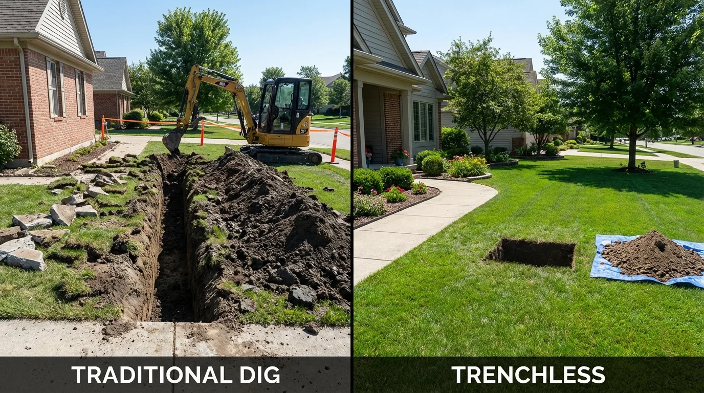 Trenchless sewer repair with minimal yard damage versus traditional excavation in The Colony, TX
