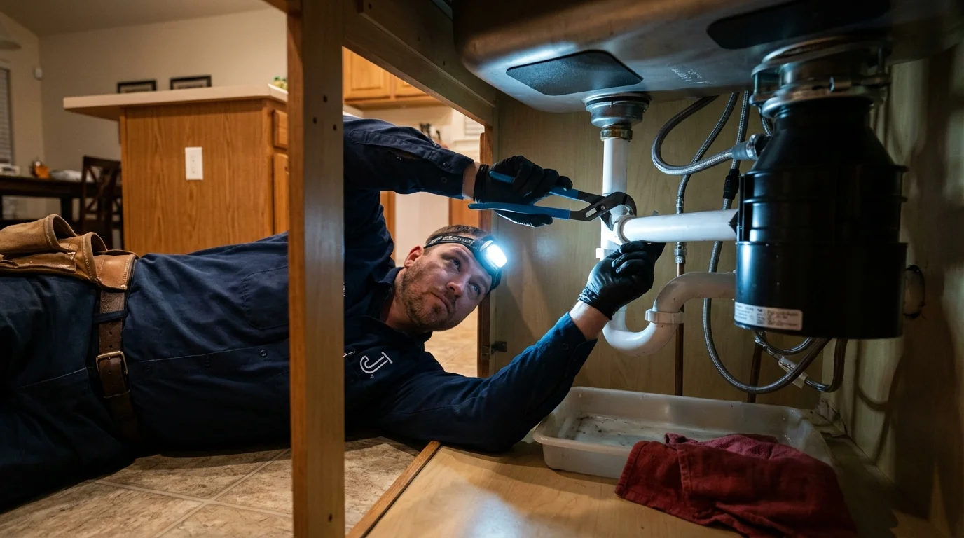 P-trap and supply line connections under a kitchen sink showing a common leak point in The Colony, TX